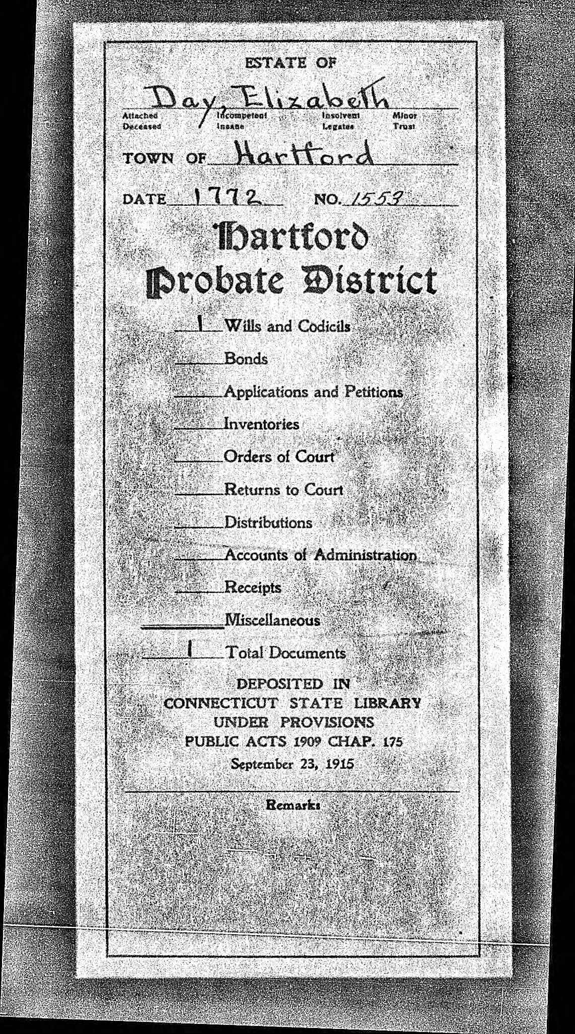 Cover page of Elizabeth (Andrews) Day's will