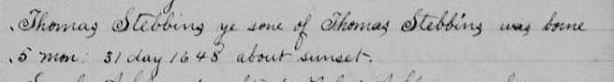 Birth record of Thomas Stebbins