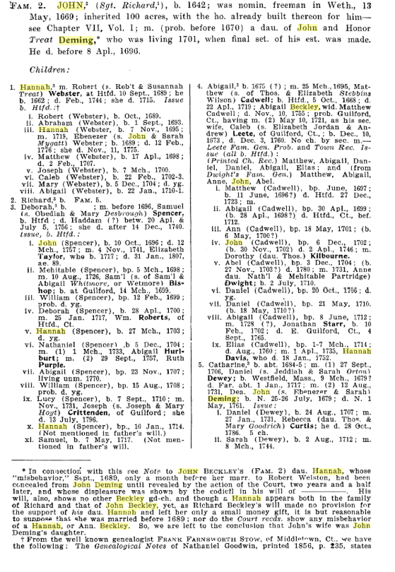 Entry on John Beckley in Families of Ancient Wethersfield