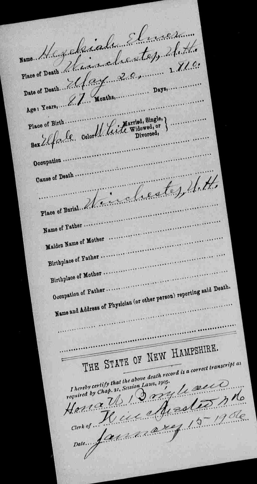 Death record of Hezekiah Elmer