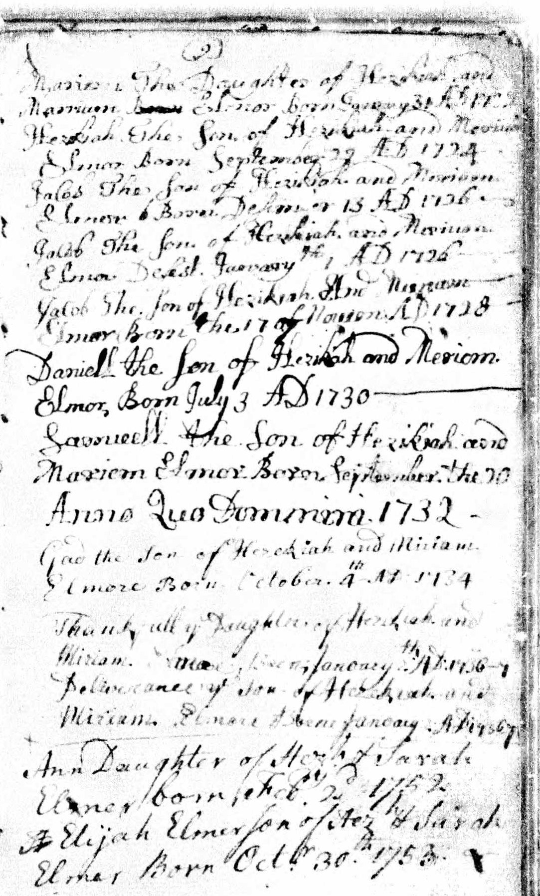 Records for the family of Hezikiah and Mariom Elmor