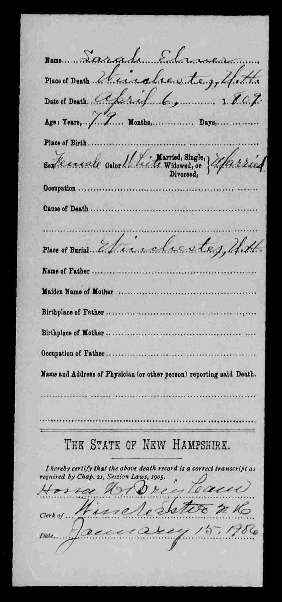 Death record of Sarah (Wright) Elmer