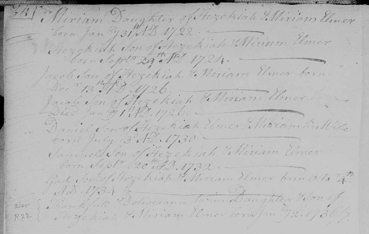 Births of the children of Hezekiah and Miriam Elmer
