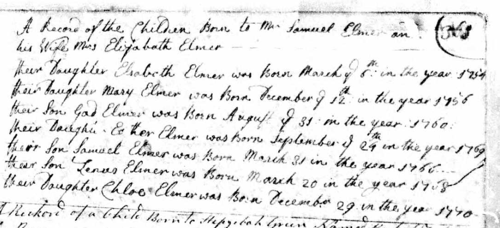 Births of the children of Samuel and Elizabeth Elmer