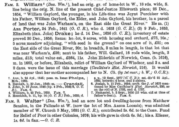 Sketch of William and Walter Gaylord families from The History and Genealogies of Ancient Windsor, Connecticut