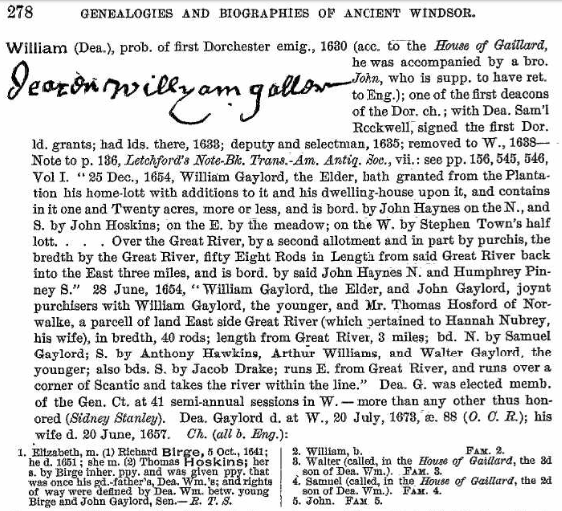 Sketch of William Gaylord family from The History and Genealogies of Ancient Windsor, Connecticut