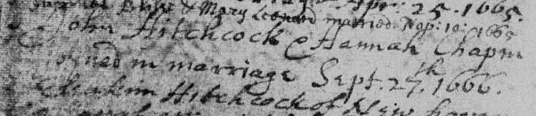 Marriage record of John Hitchcock and Hannah Chapin