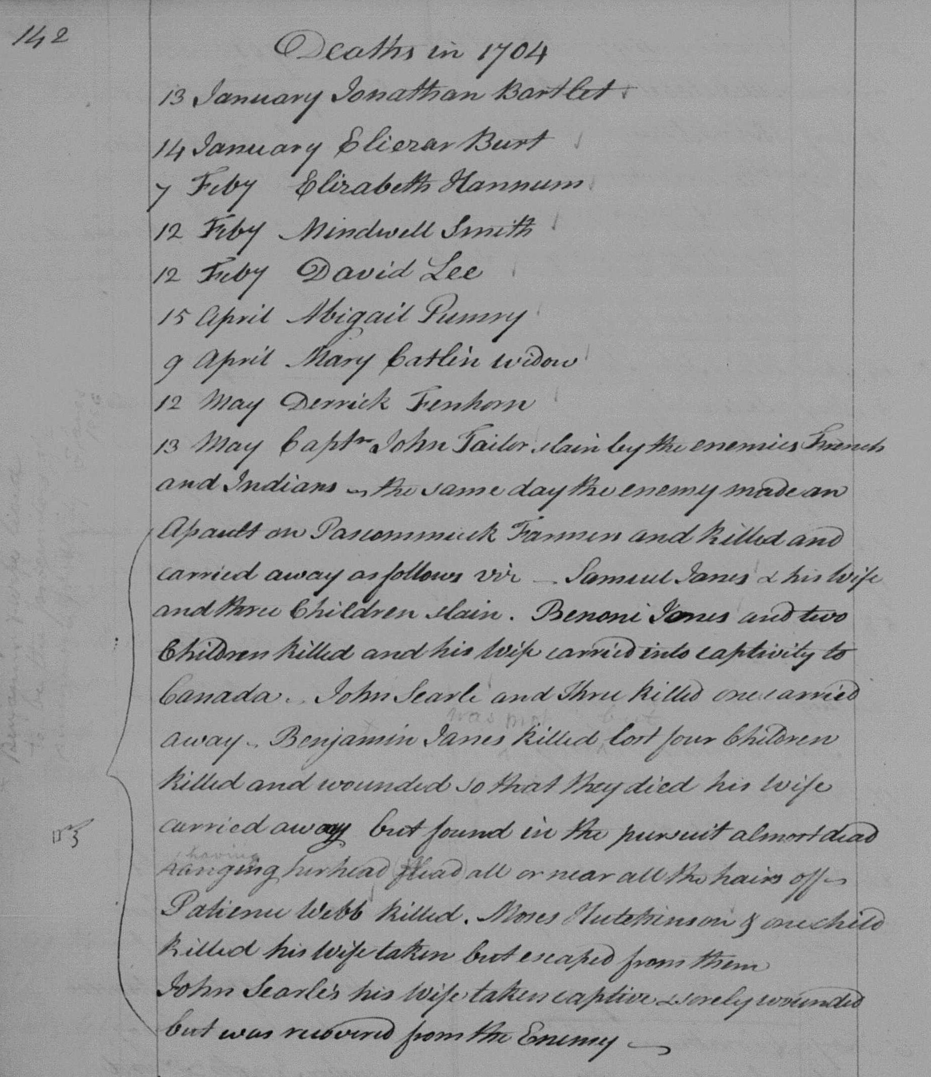 Deaths of the Janes children in 1704