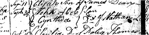 Christening records of John Abel Lee and Cynthia Lee