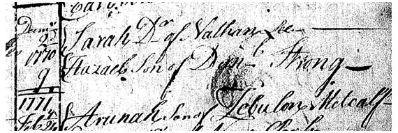 Christening record of Sarah Lee