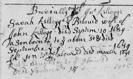 Burial record of Sarah (Moody) Kellogg