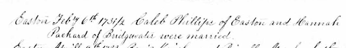 Marriage record of Caleb Phillips and Hannah Packard