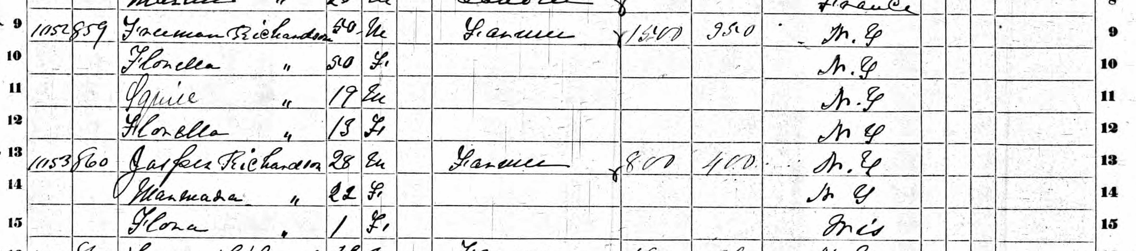 Households of Freeman and Jasper Richardson in 1860