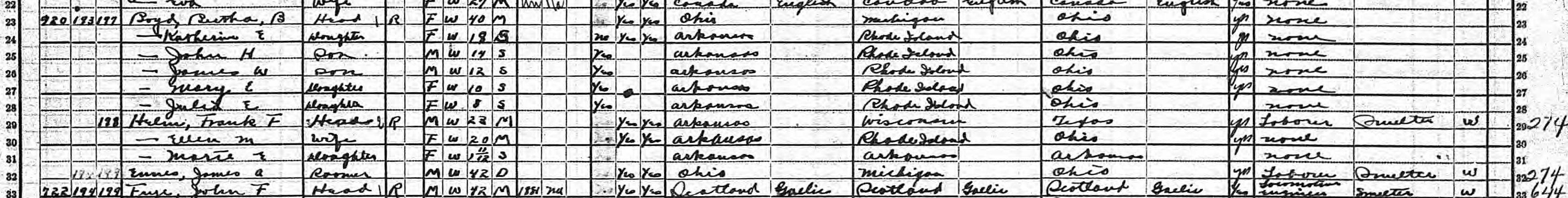 Households of Bertha B. Boyd and Frank F. Helm in 1920