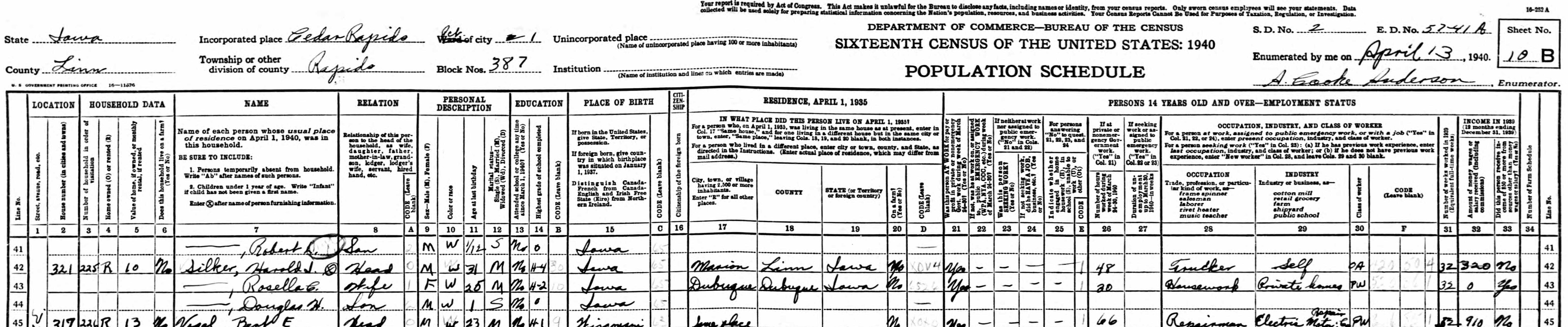 Household of Harold I. Silker in 1940
