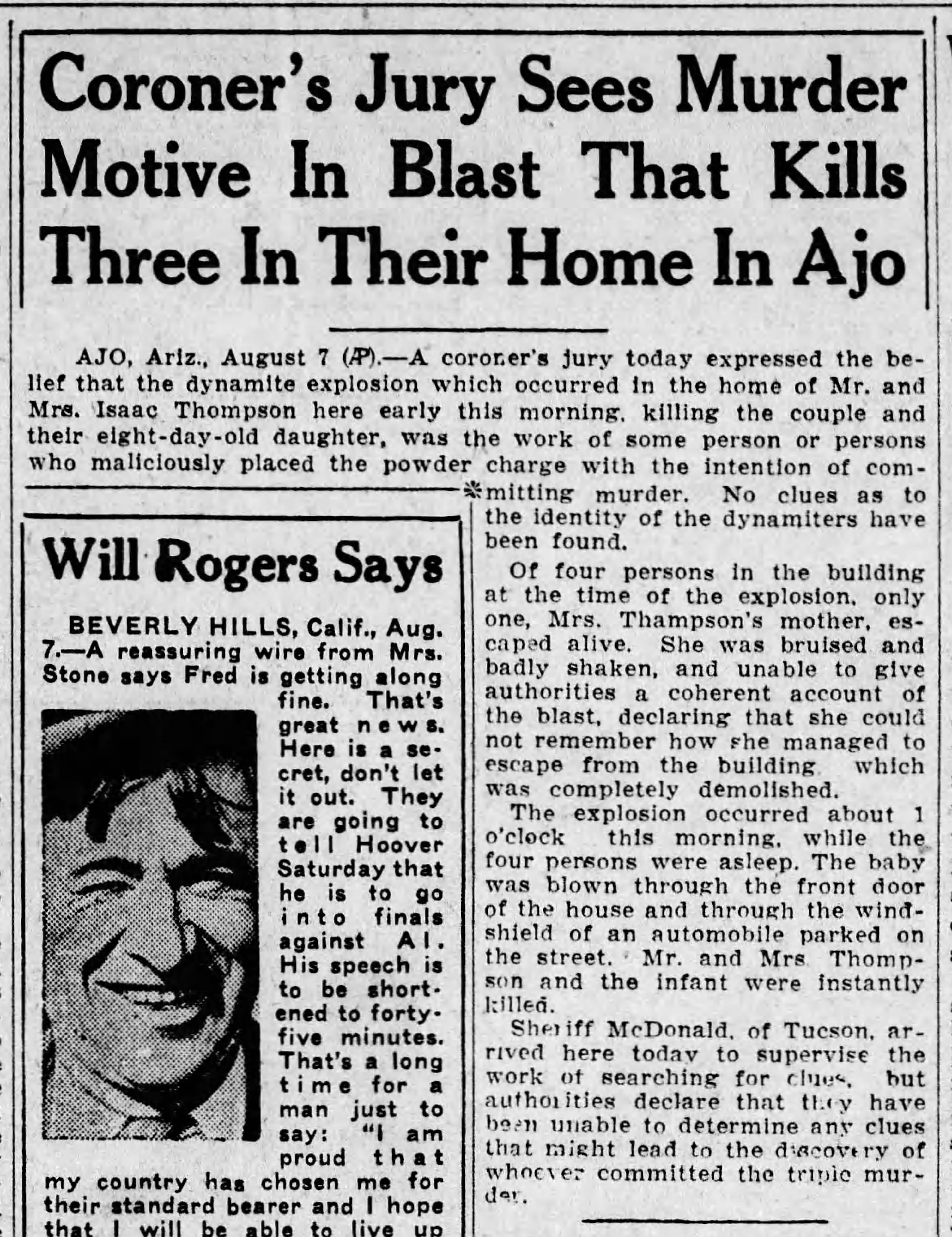 Article about the coroner’s jury decision that the Thompsons had been murdered