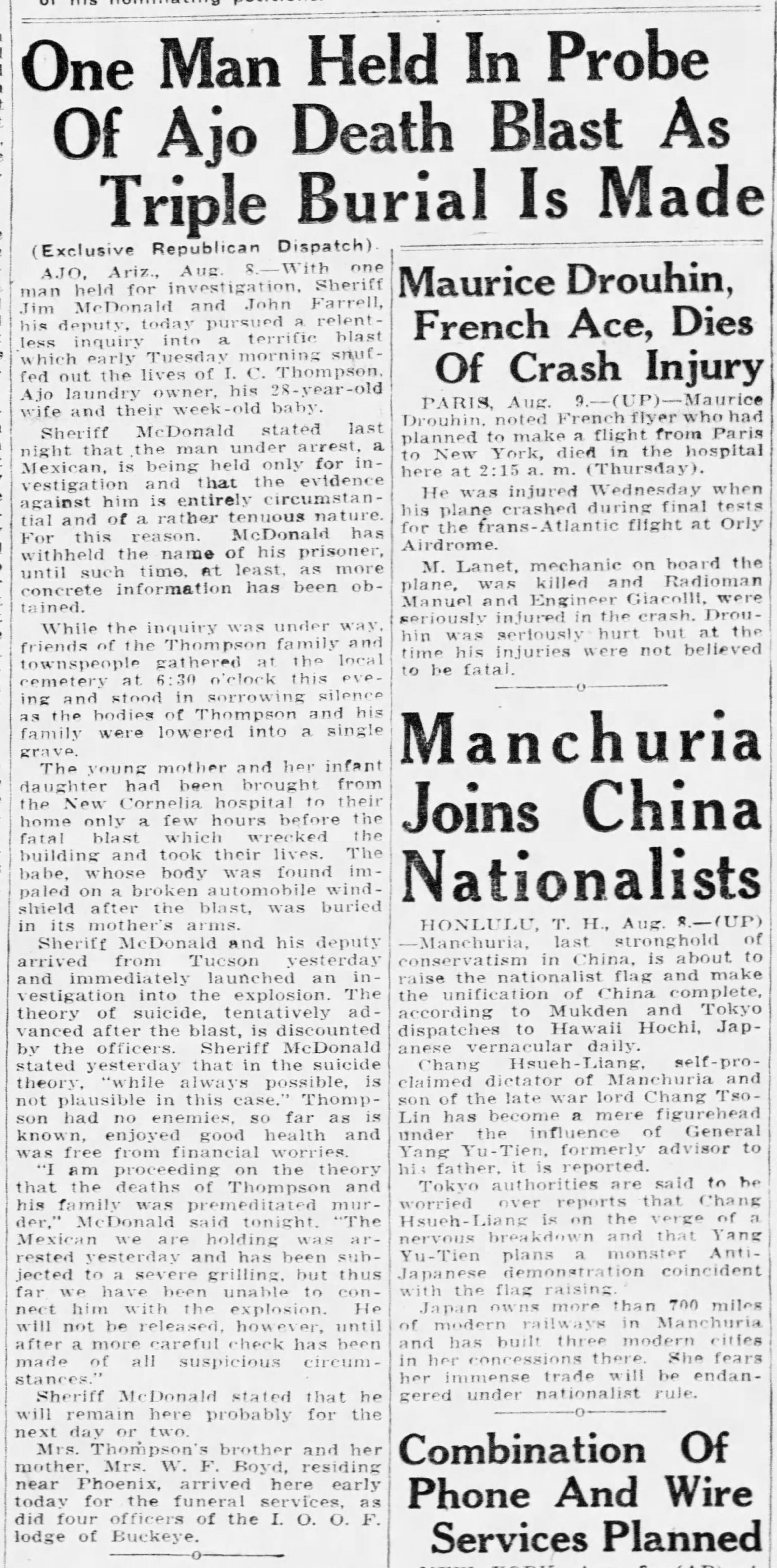 Article about a man being held for investigation in the murder case and the burials of the Thompsons