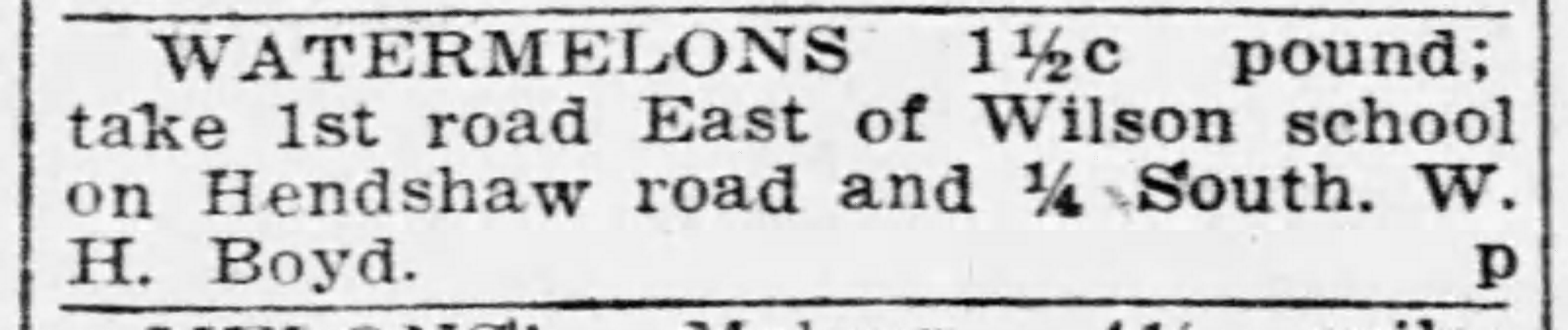 Ad for watermelons sold by W. H. Boyd