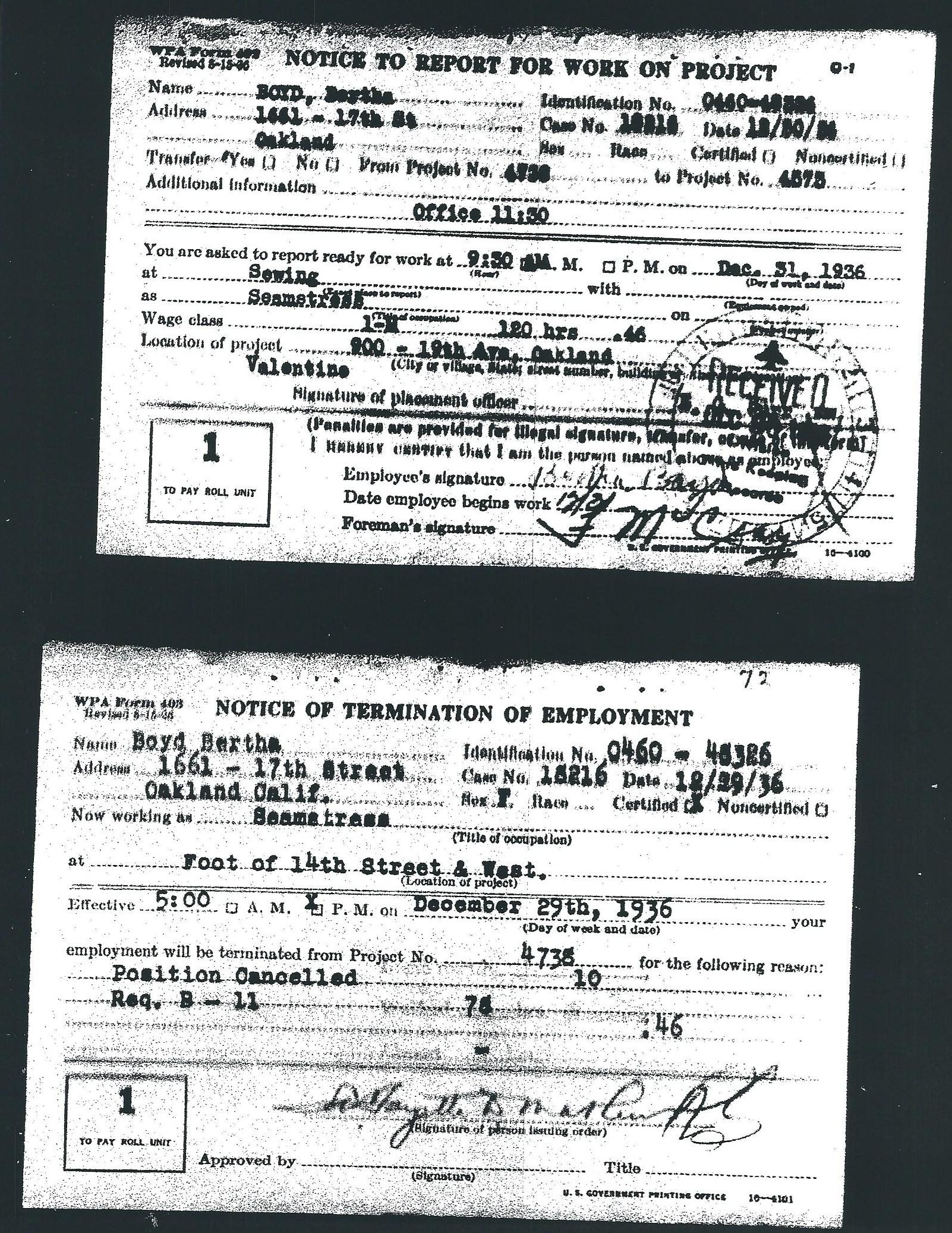 Notice to report for work on project and notice of termination of employment for Bertha Boyd