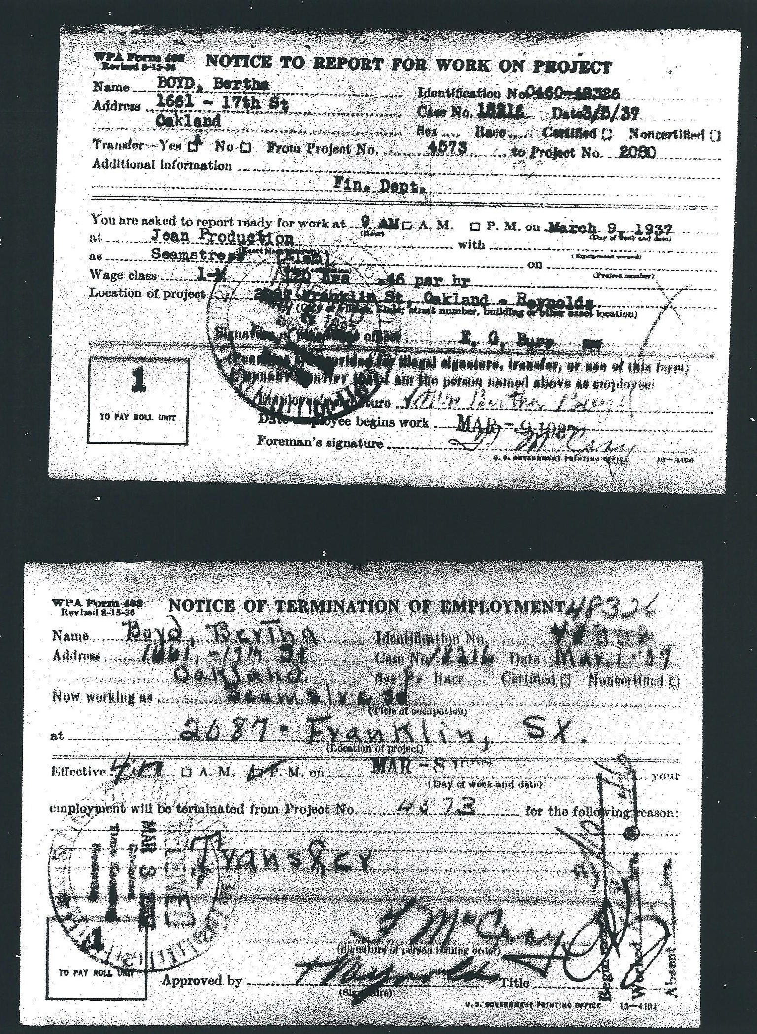 Notice to report for work on project and notice of termination of employment for Bertha Boyd