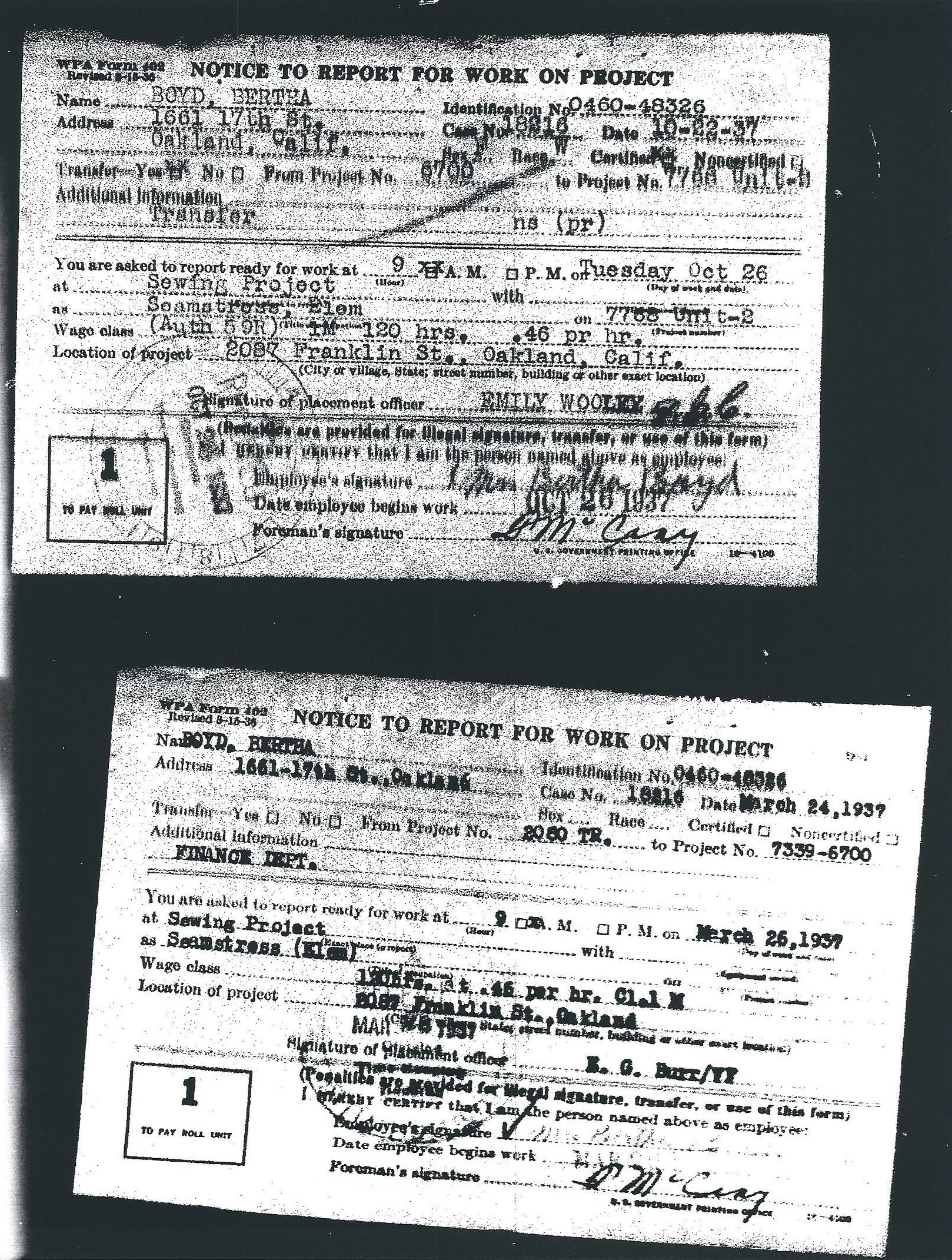 Two notices to report for work on project for Bertha Boyd