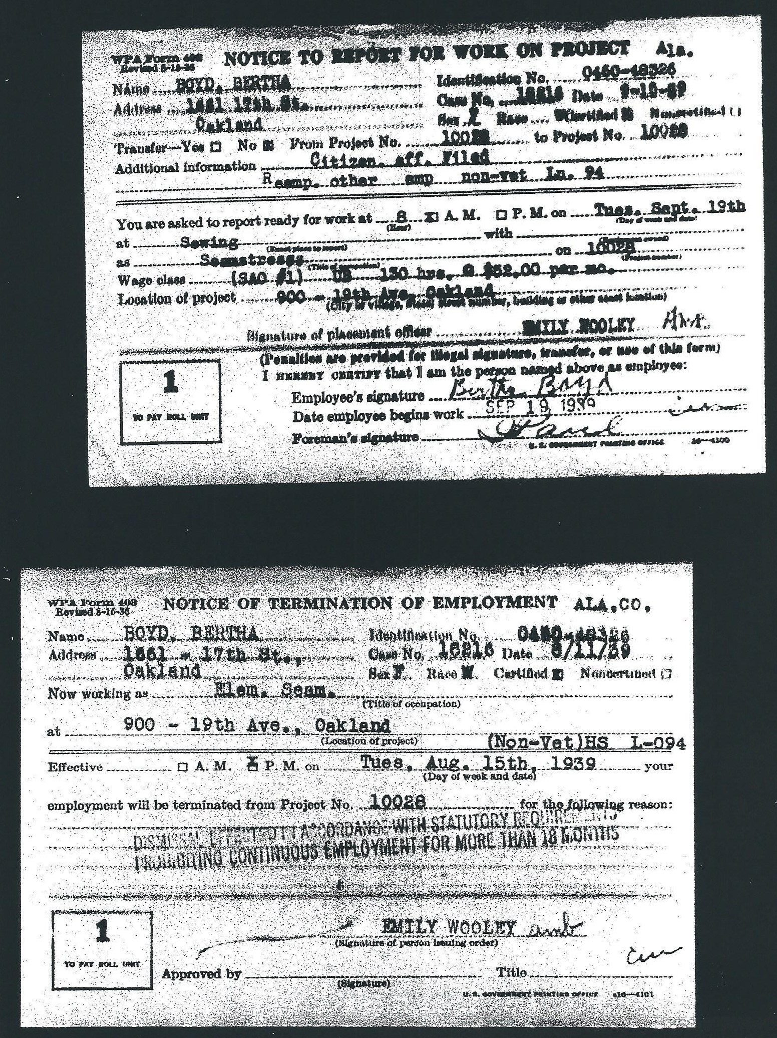 Notice to report for work on project and notice of termination of employment for Bertha Boyd