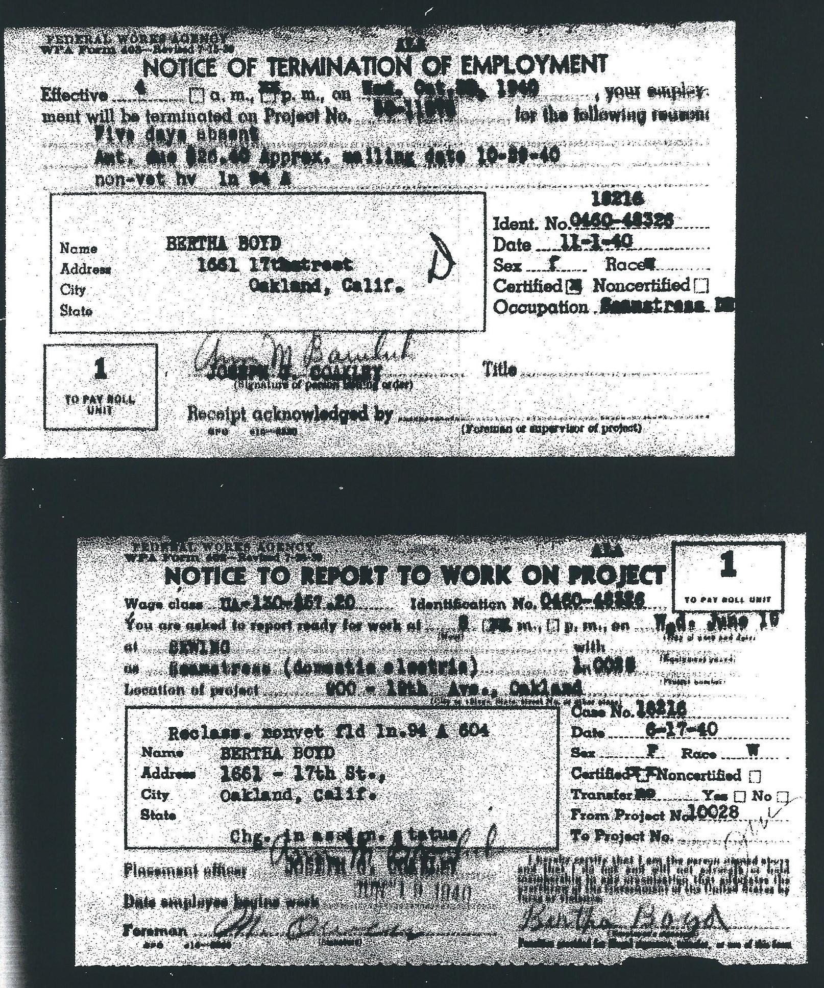Notice of termination of employment and notice to report for work on project for Bertha Boyd
