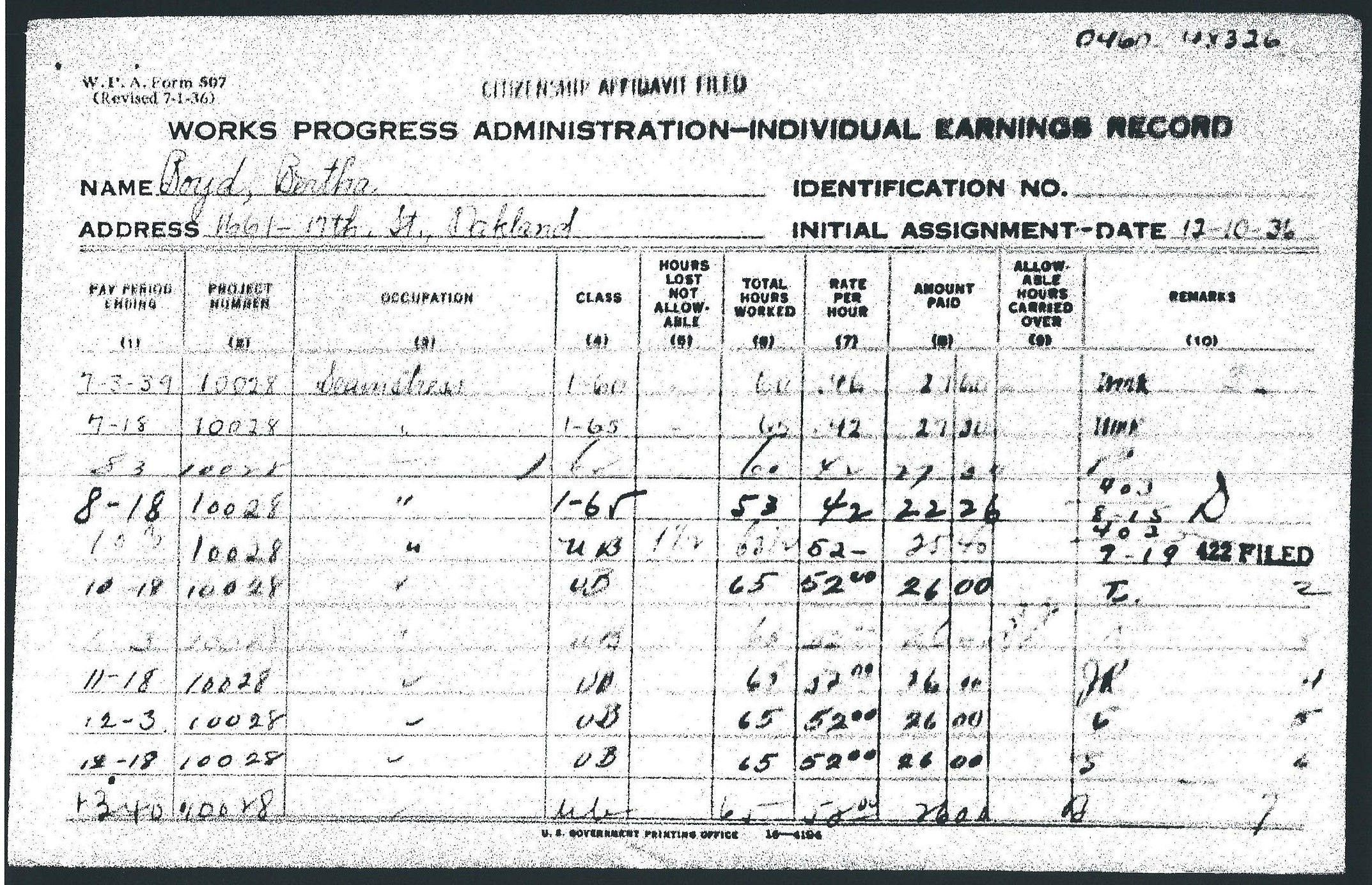 Individual earnings record for Bertha Boyd