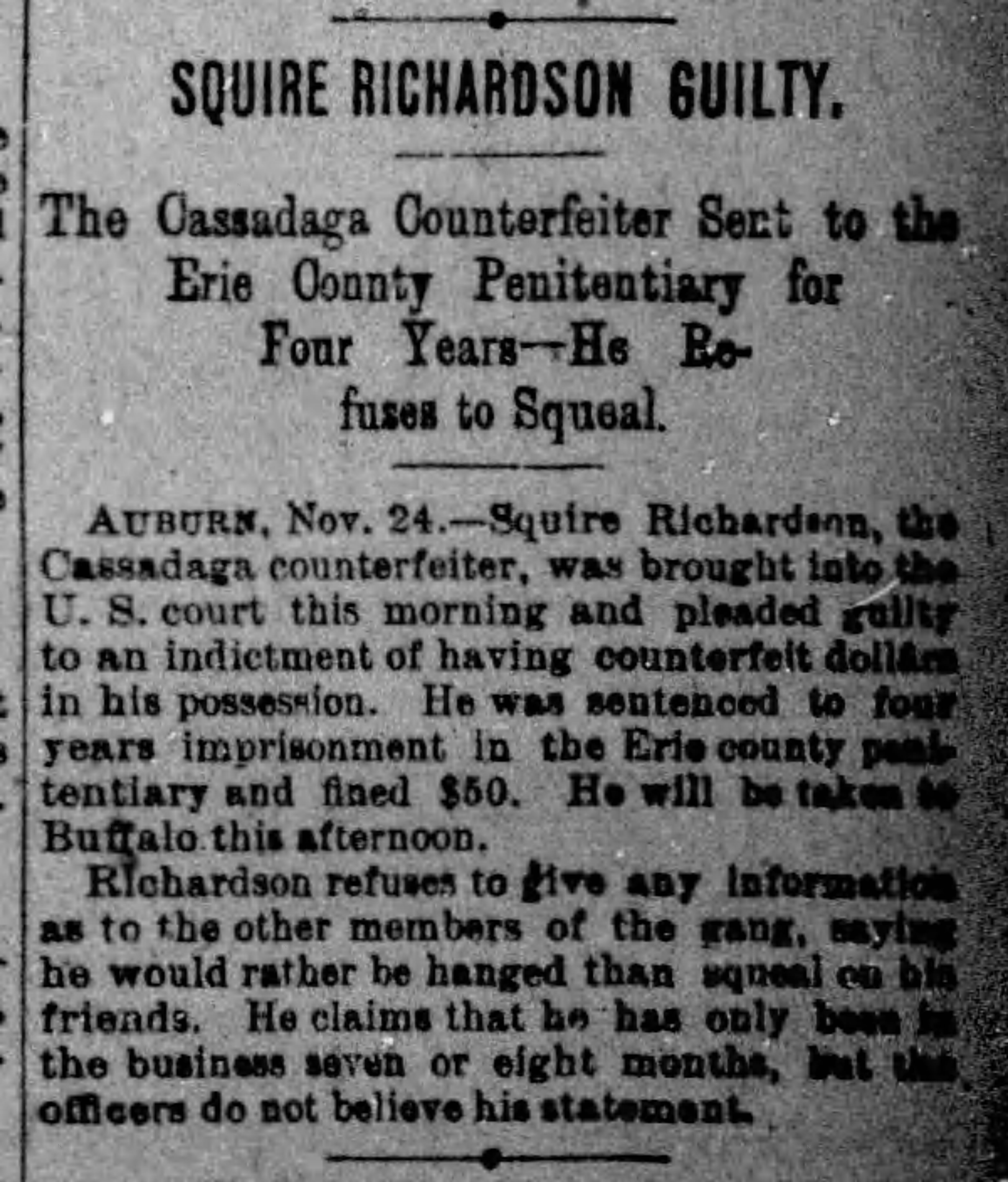 Article on Squire's guilty plea, sentencing, and refusal to "squeal"
