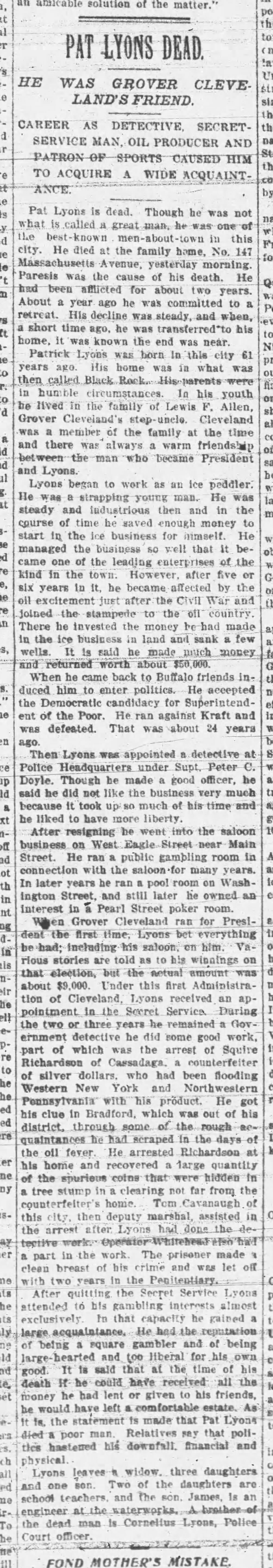 Obituary of Pat Lyons, mentioning Squire's arrest as one of his accomplishments
