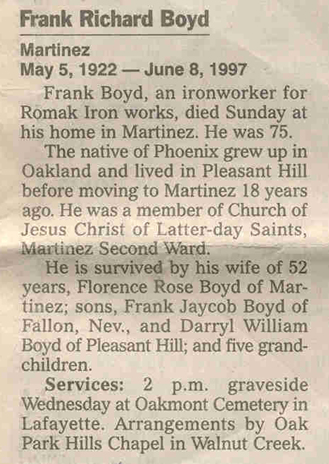 Obituary of Frank Richard Boyd