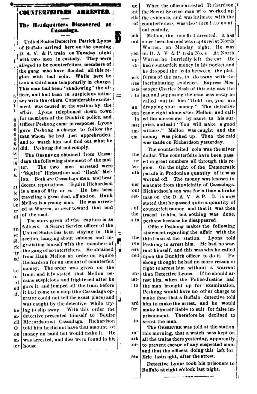 Article on the arrest of Squire Richardson for counterfeiting