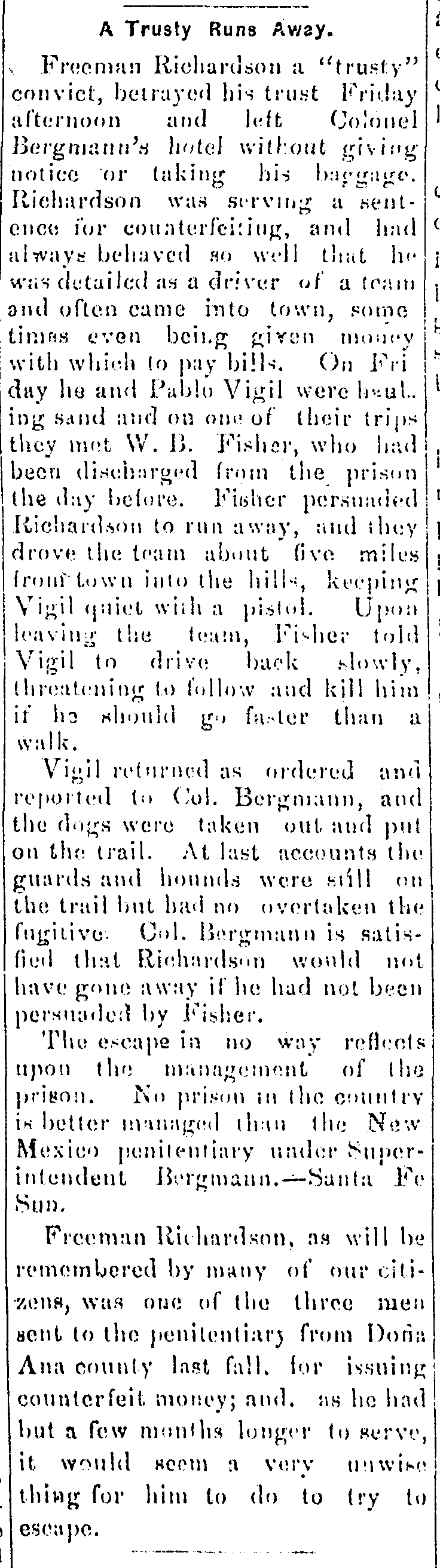 Article on the escape of “Freeman” Richardson