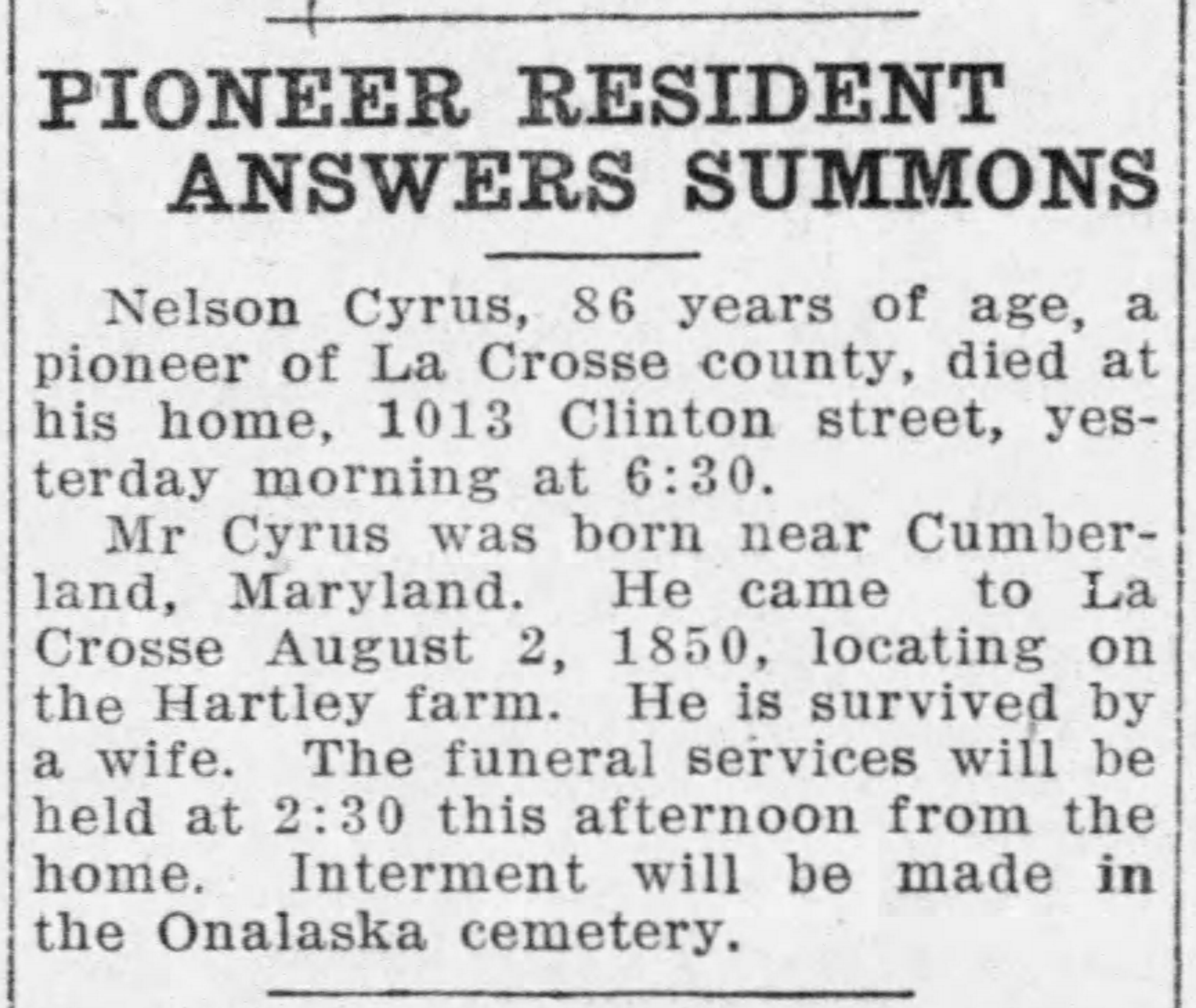 Obituary of Nelson Cyrus