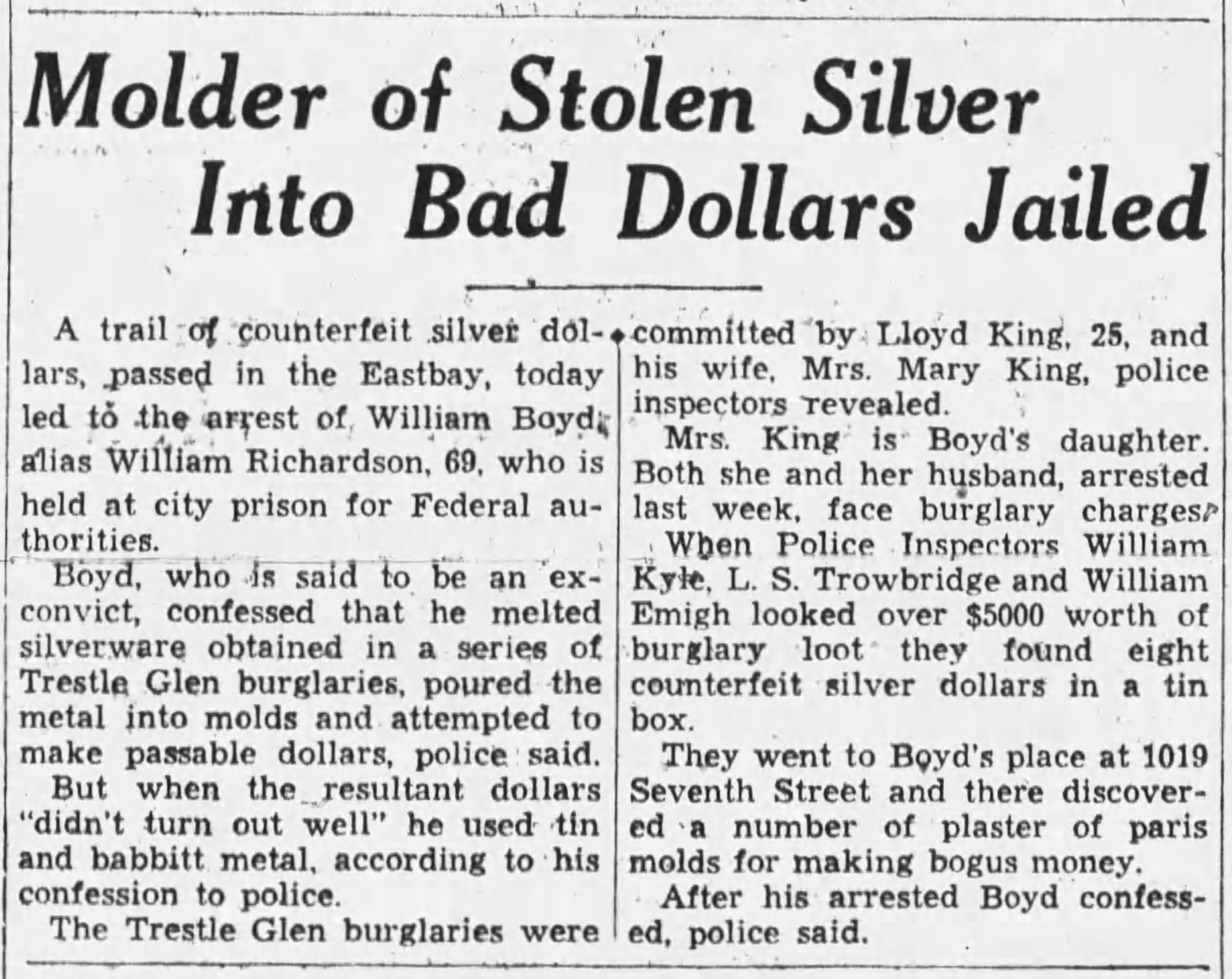 Article about the arrest of William Boyd alias William Richardson for counterfeiting using stolen goods from the burglaries
