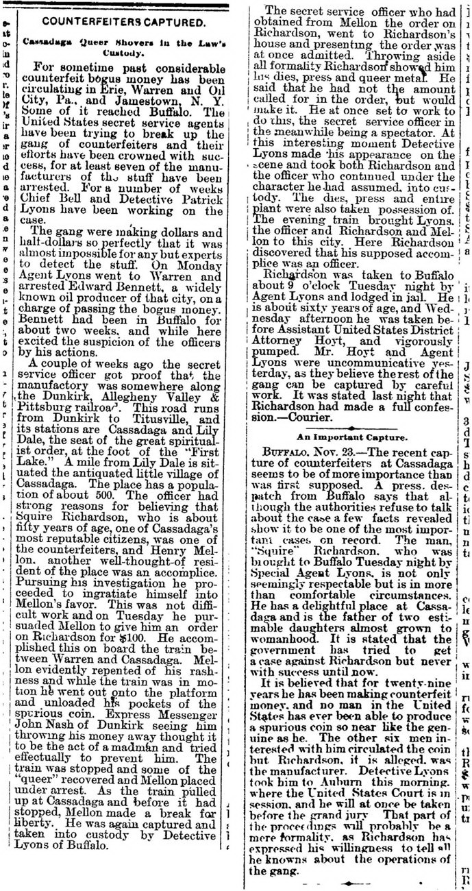 Article on the counterfeiting crimes and arrest of Squire Richardson