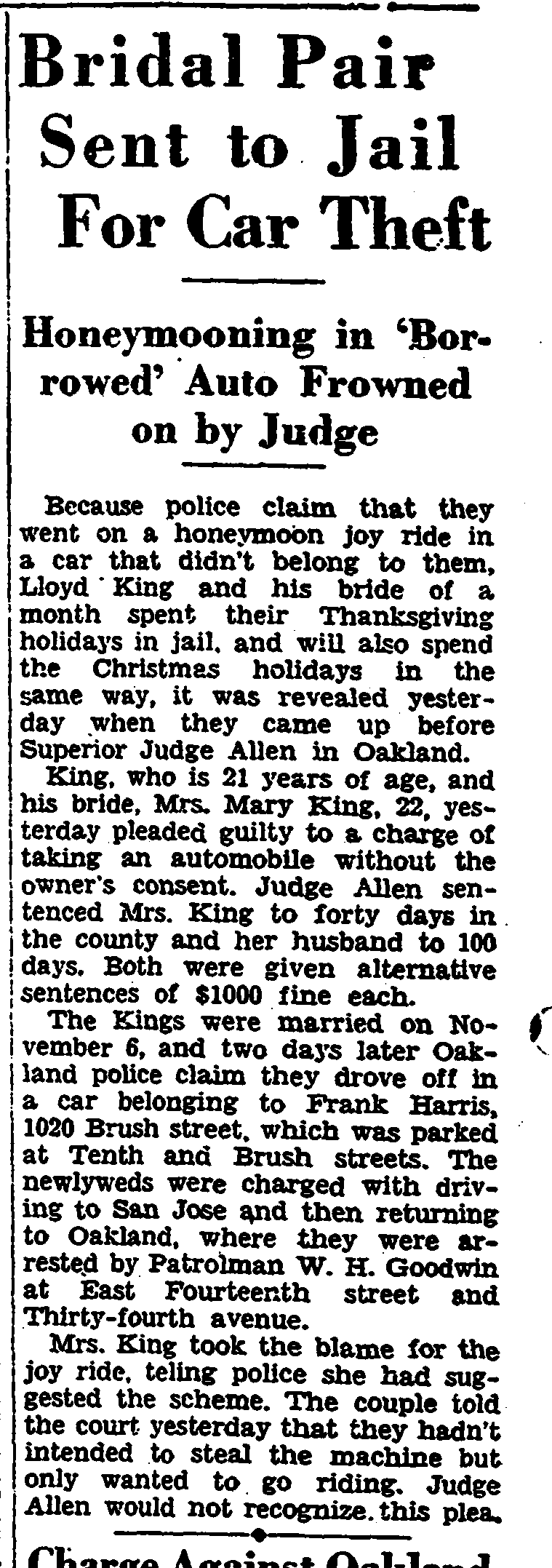 Article about Lloyd and Mary’s sentence for stealing a car