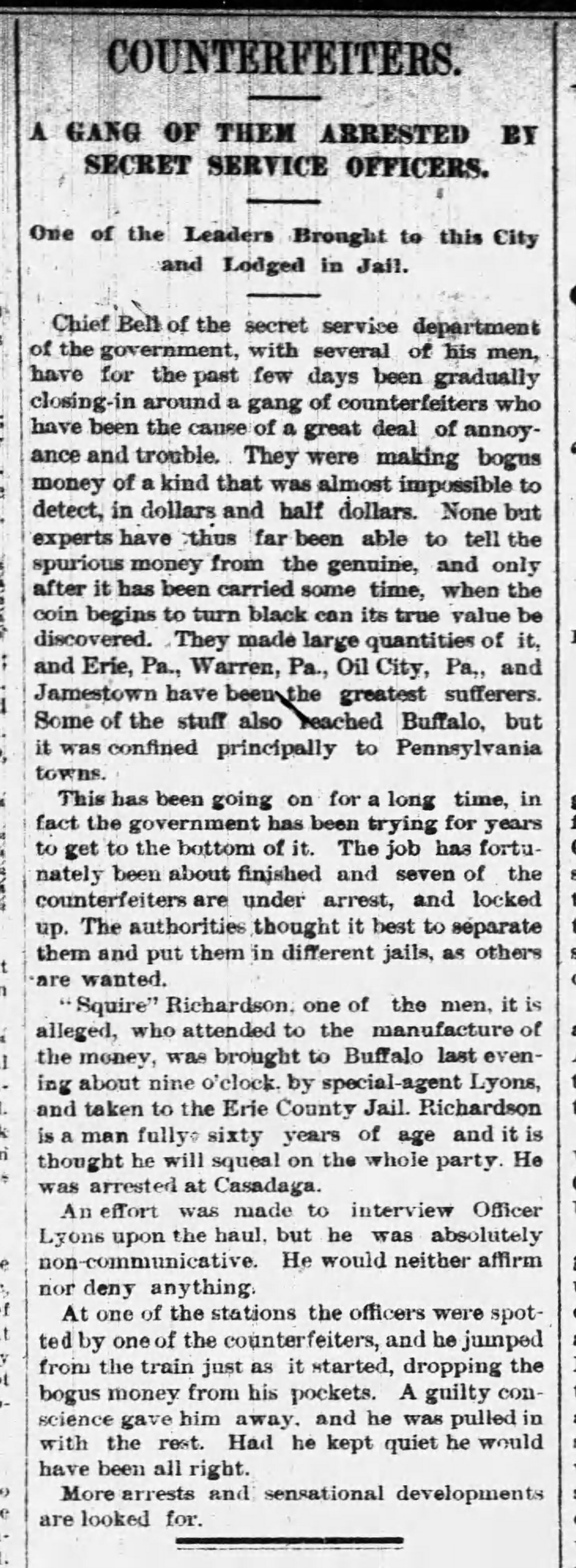 Article about the arrest of a gang of counterfeiters, including Squire
