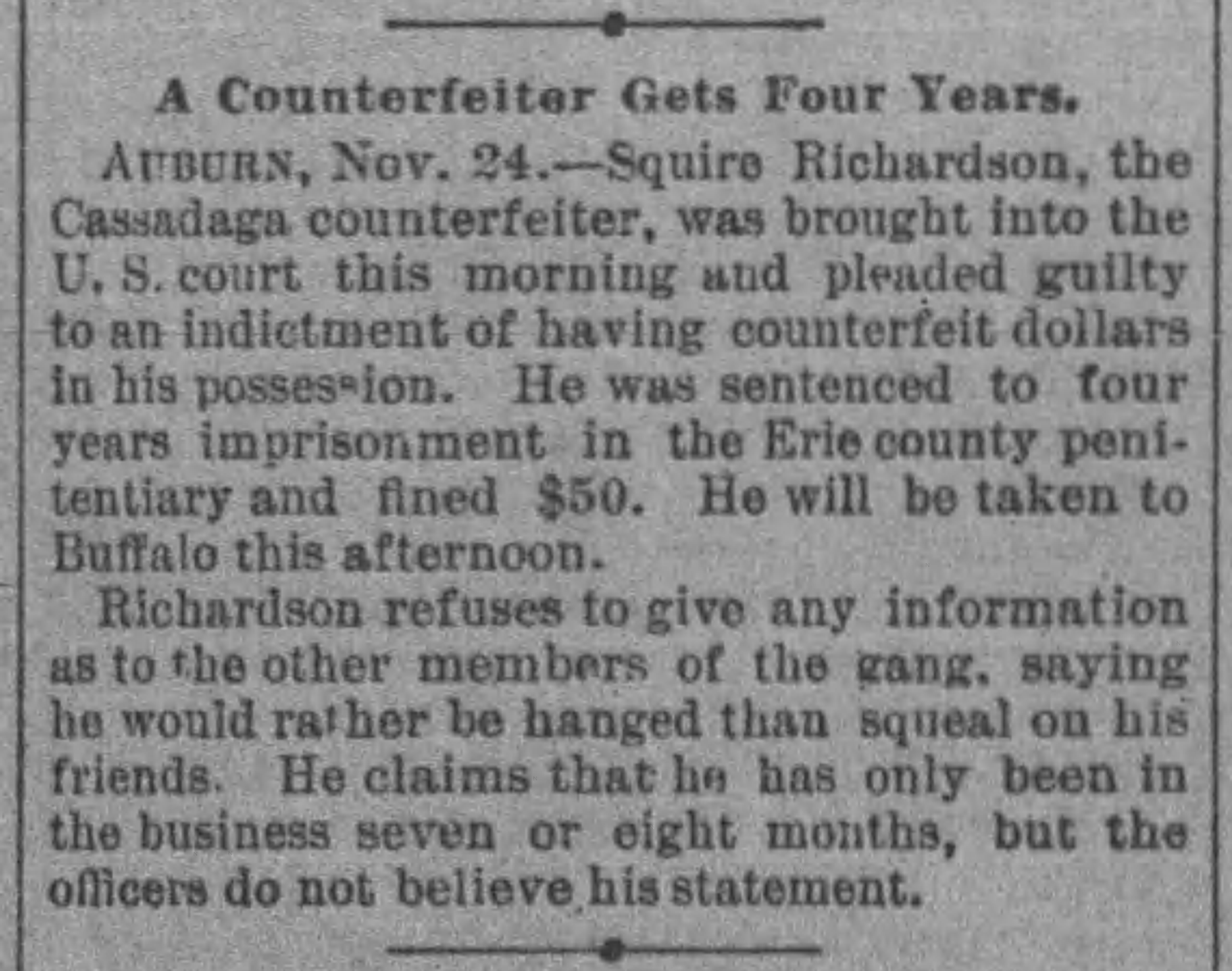 Article on Squire's sentence of four years and a fine and his refusal to give more information