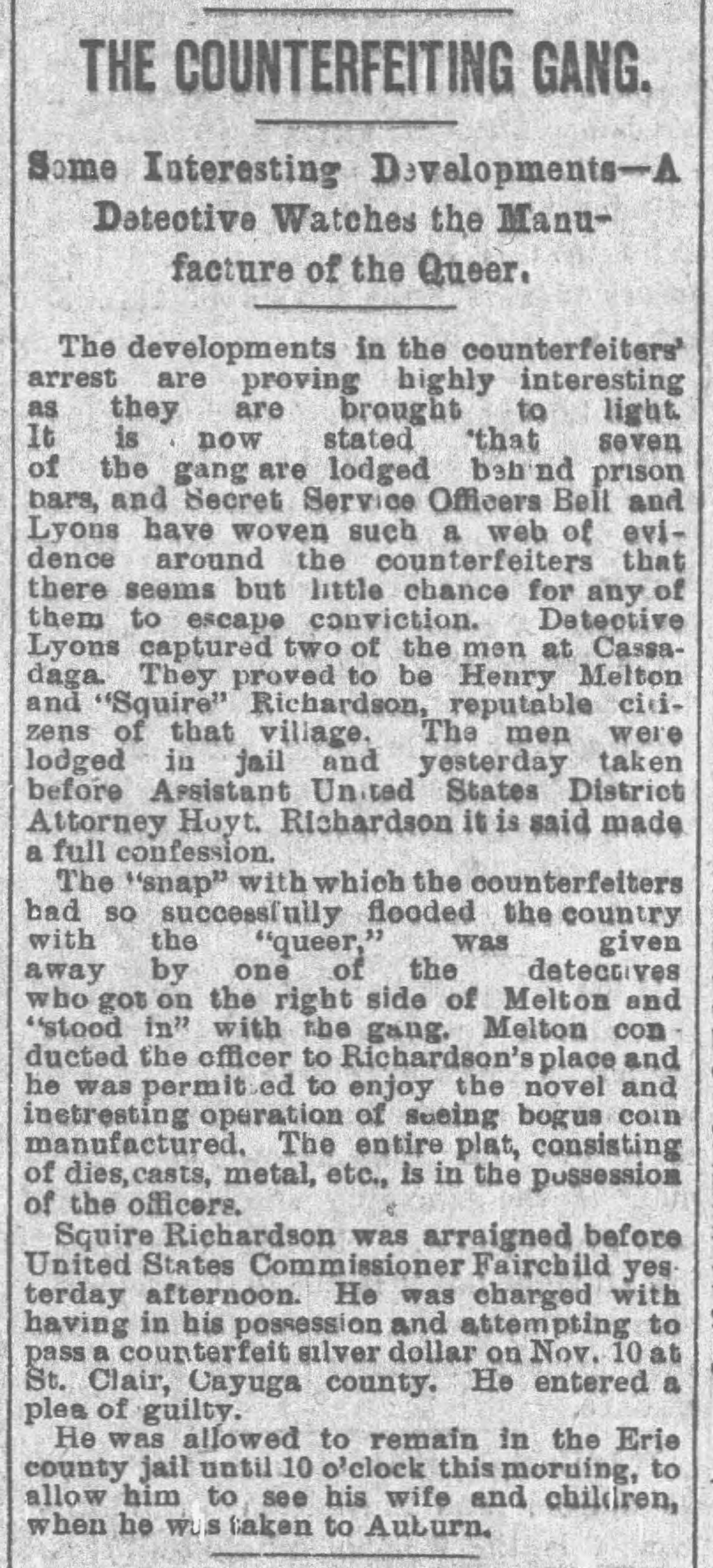 Article on the arrest and arraignment of Squire and Henry "Melton"