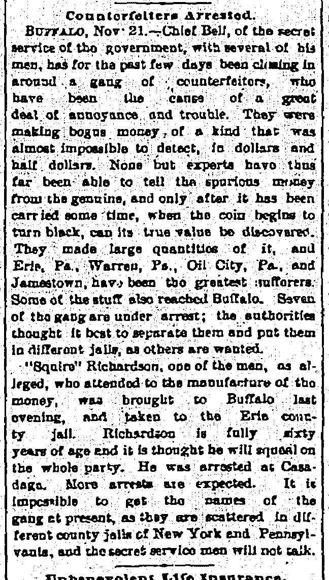 Article about the counterfeiting crimes of Squire's gang