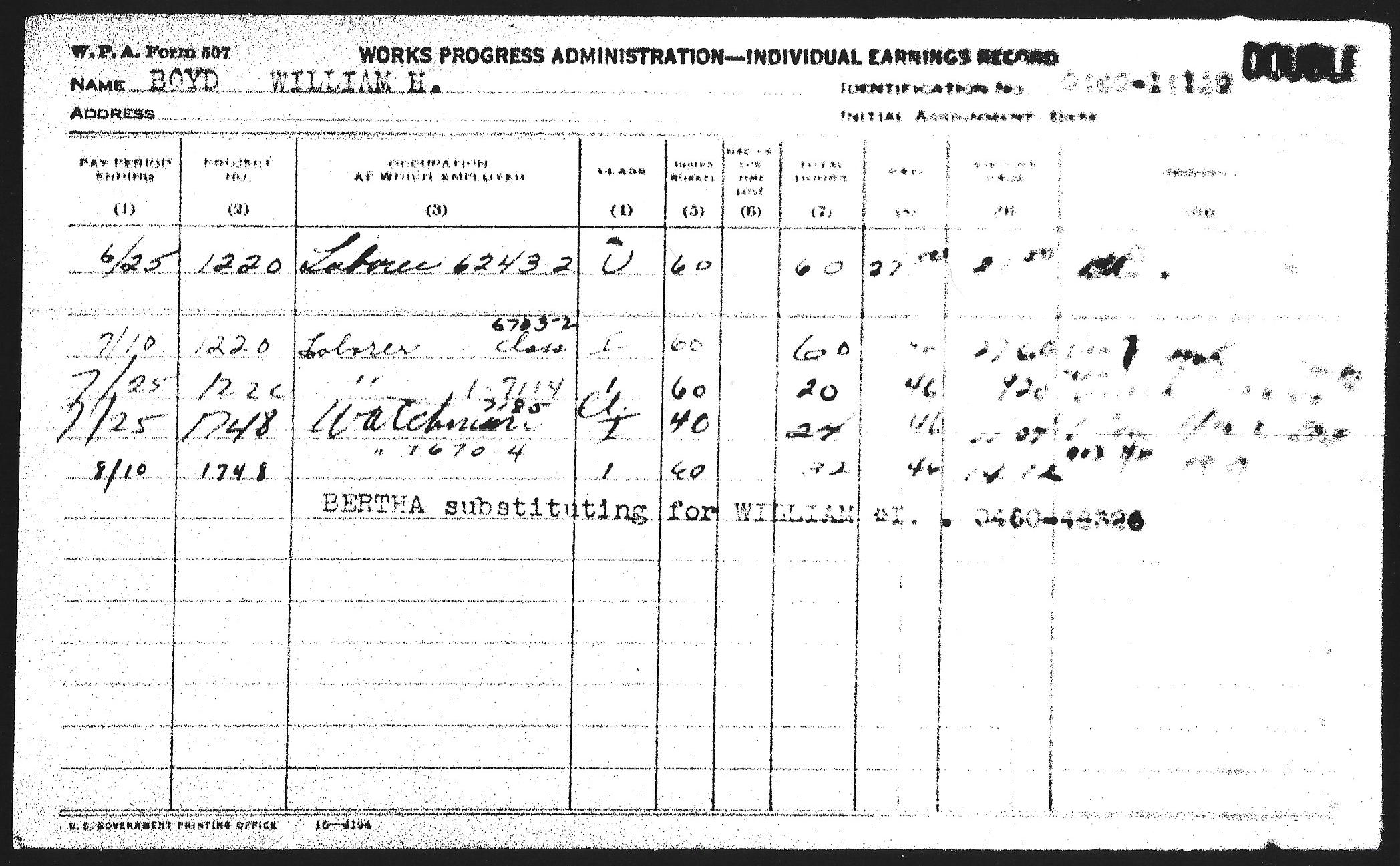 Copy 1 of an individual earnings record for William H. Boyd
