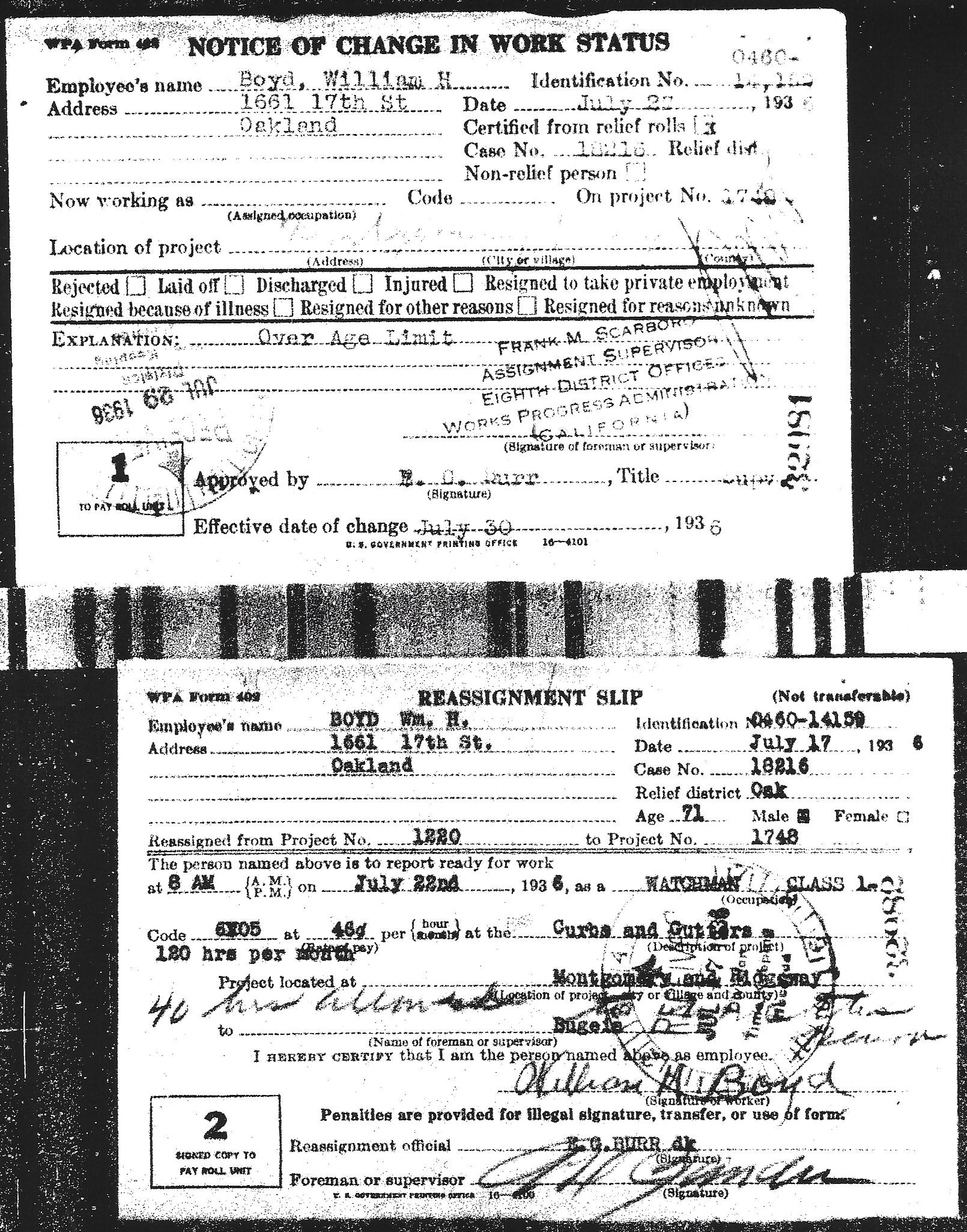 Notice of change of work status and reassignment slip of William H. Boyd