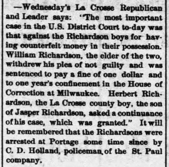 Article on the trials of William and Herbert Richardson for passing counterfeit money