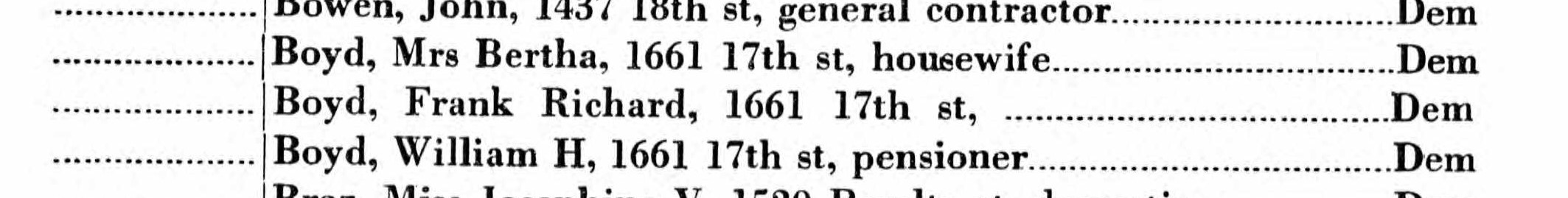 Mrs. Bertha Boyd, Frank Richard Boyd, and William H. Boyd in a 1944 Oakland voters’ list