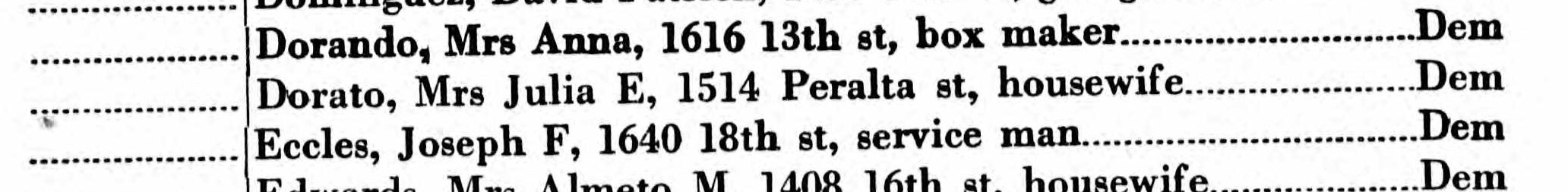 Mrs. Julia E. Dorato in a 1940 Oakland voters’ list