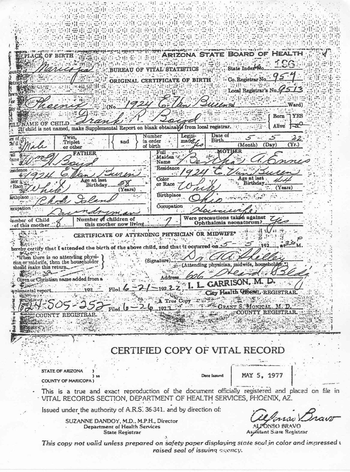 Birth certificate of Frank R. Boyd (copy found in the files of Darryl W. Boyd)