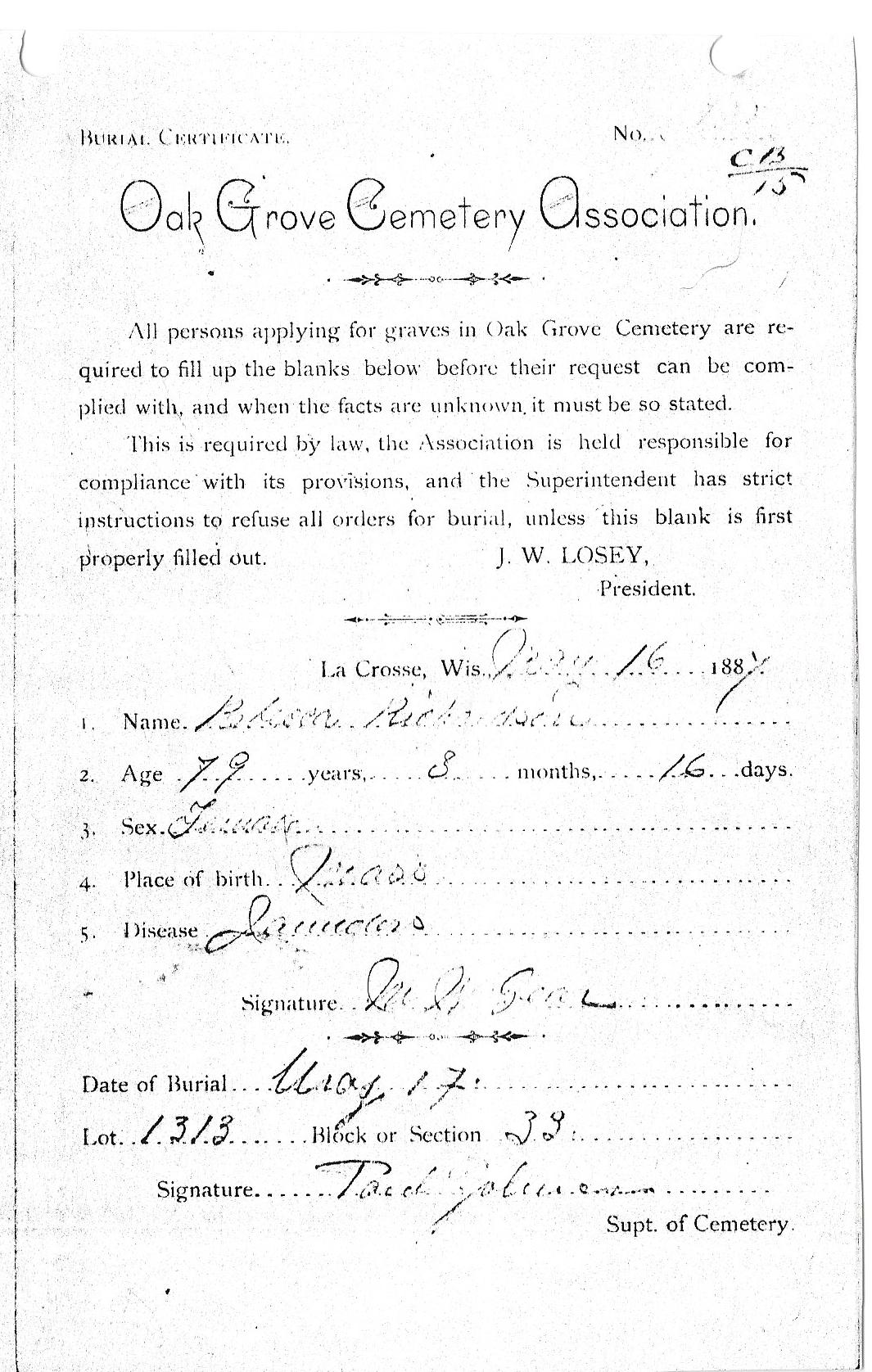 Cemetery record for Rebecca Richardson