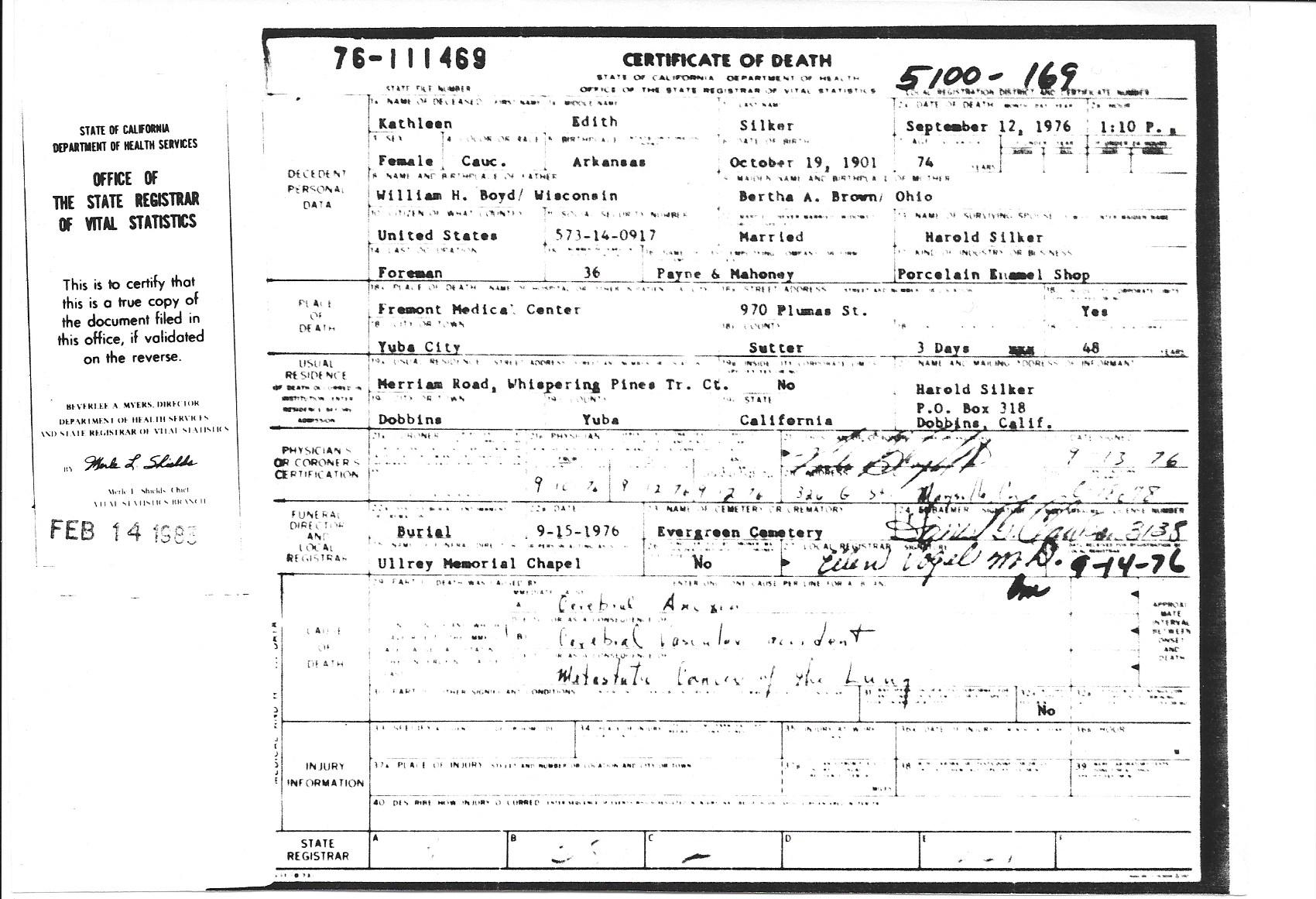 Death certificate for Kathleen Edith Silker