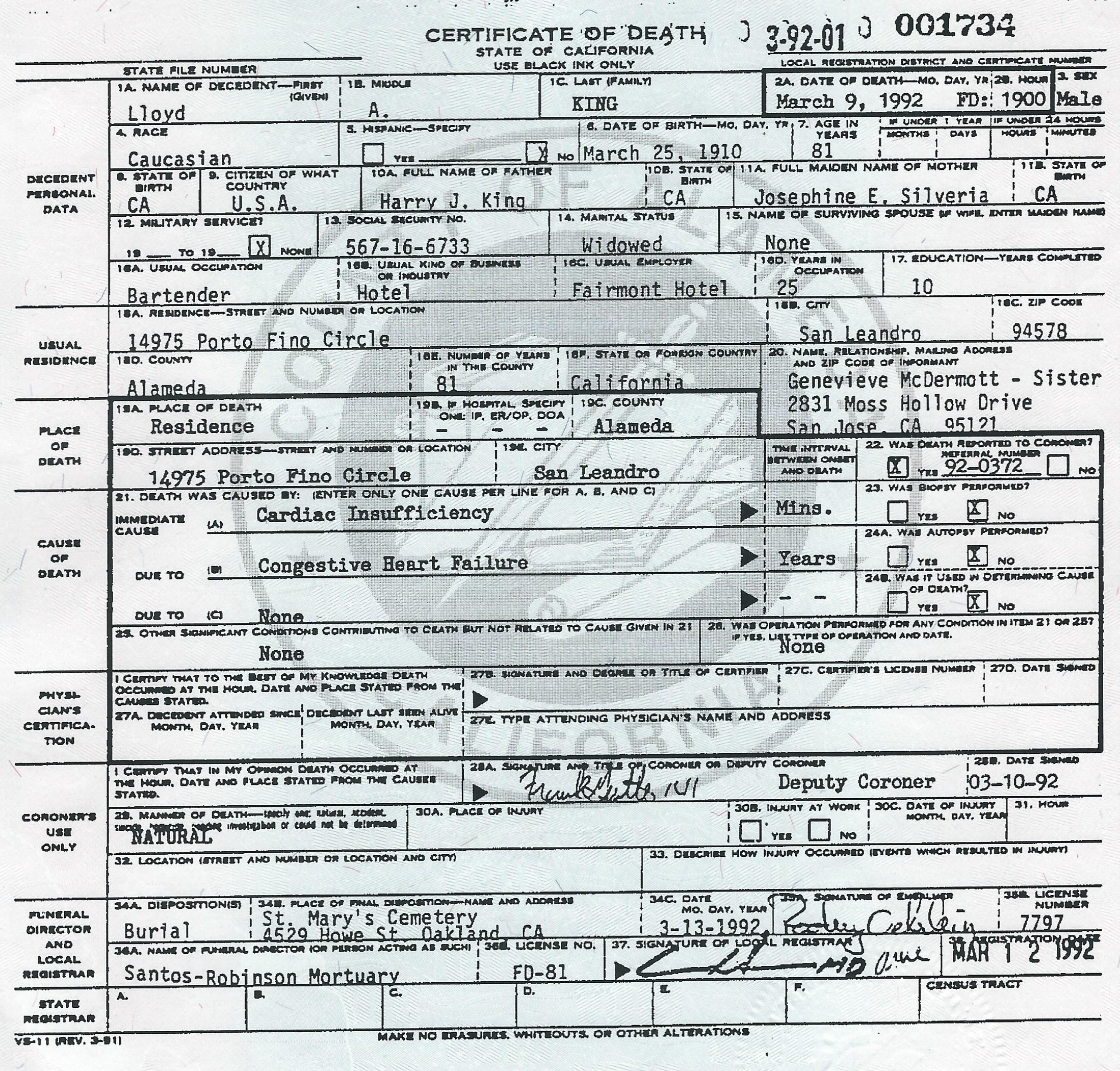 Death certificate for Lloyd A. King